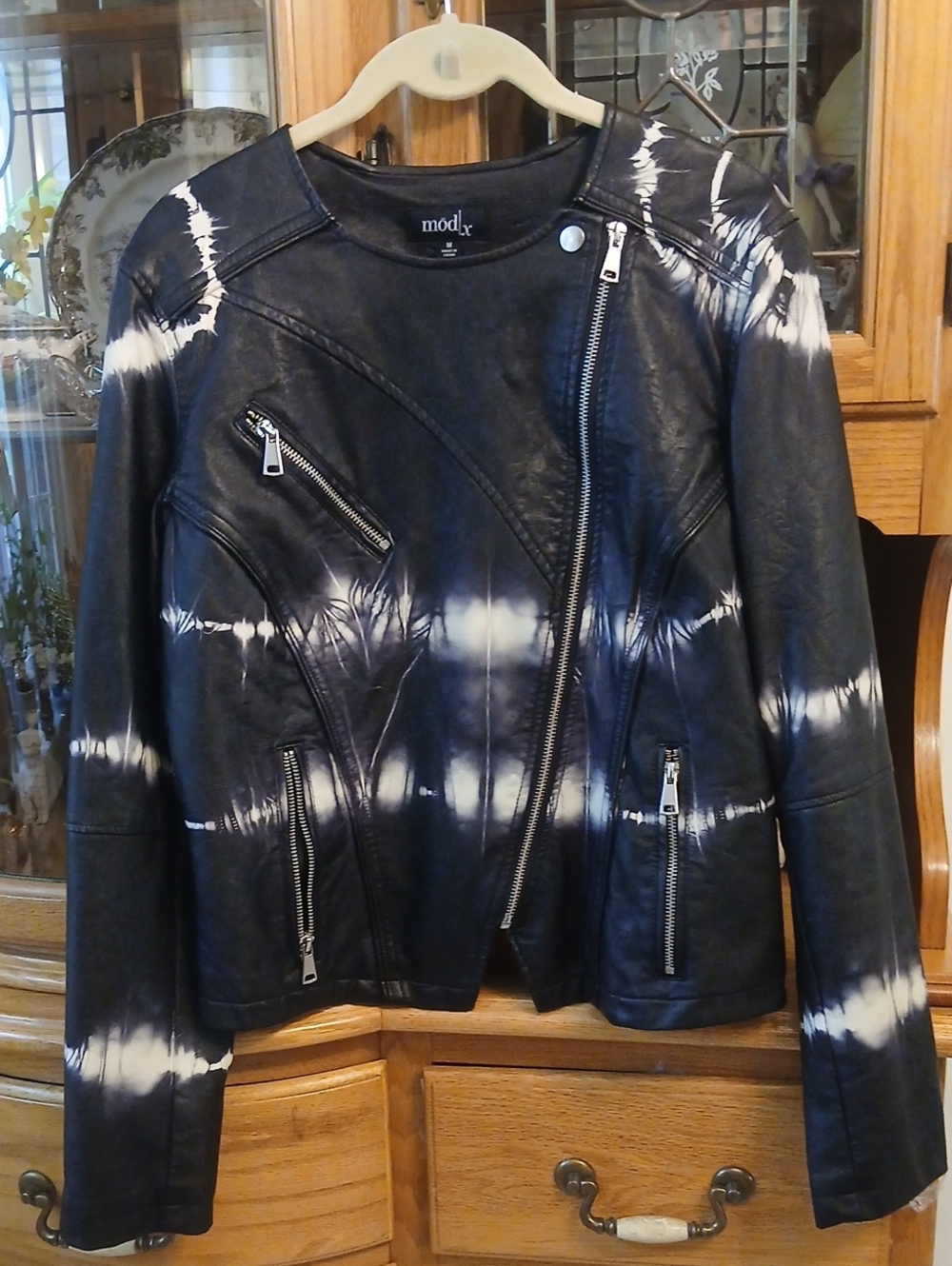 Black & White Tie-Dye Faux Leather Moto Jacket - Picture 8 of 11